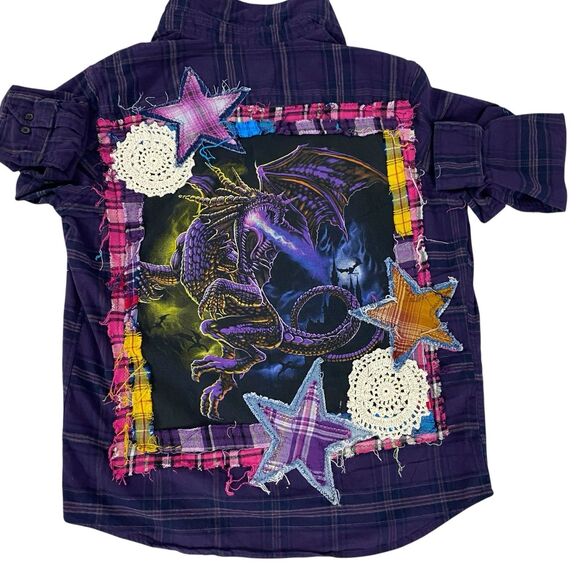 Upcycled Flannel Shirt Shacket Womens XL Dragon Grunge Purple Patchwork Folk Art - Picture 5 of 14